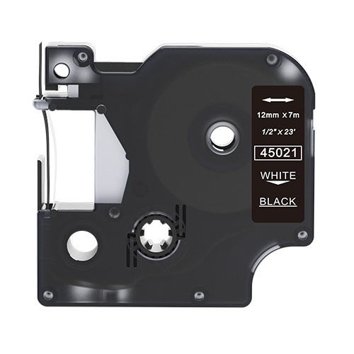 Dymo 45021 compatible labeltape, white on black, 12mm x 7m