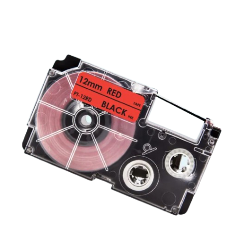 Casio XR-12RD compatible labeltape, black on red, 12mm x 8m