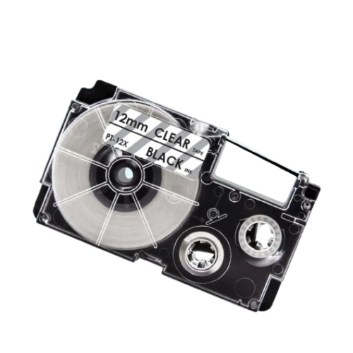 Casio XR-12X compatible labeltape, black on clear, 12mm x 8m