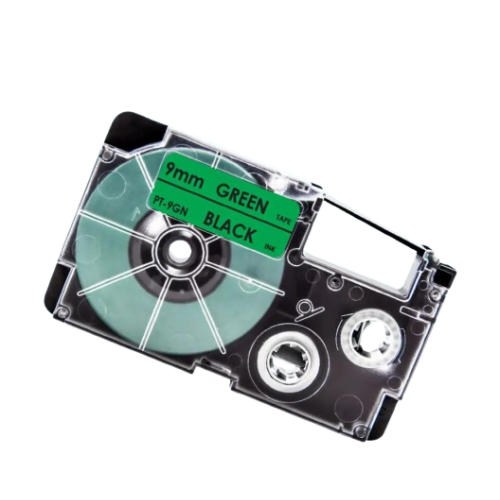 Casio XR-9GN compatible labeltape, black on green, 9mm x 8m