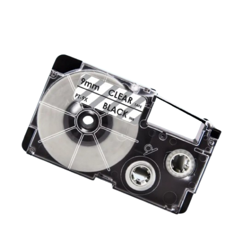 Casio XR-9X compatible labeltape, black on clear, 9mm x 8m